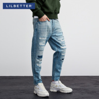 Lilbetter破洞牛仔裤男 bf风日系乞丐裤复古水洗休闲裤男士小脚裤