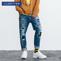 Lilbetter破洞牛仔裤男 迷彩潮流长裤直筒小脚裤男士乞丐休闲裤LB9174124004