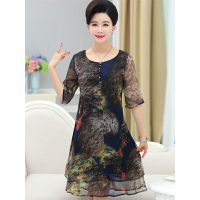 媛宿(YuanSu)中年女装夏季短袖雪纺裙子中老年妈妈装中袖显瘦连衣裙40-50长裙6281
