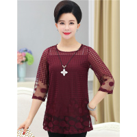 媛宿(YuanSu)中年女装时尚妈妈装半袖网纱上衣服2018夏季新款中老年妇女士T恤