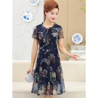 媛宿(YuanSu)中老年人女夏装新款短袖蕾雪纺连衣裙40-50岁大码妈妈装中长款裙子