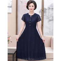 媛宿(YuanSu)时髦妈妈装夏装连衣裙韩版修身显瘦短袖过膝蕾丝提花中长款a字裙6286