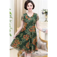 媛宿(YuanSu)中老年夏装雪纺连衣裙短袖2018新款妈妈夏季过膝气质裙子40岁50薄