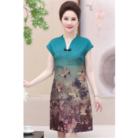 媛宿(YuanSu)2018夏装新品中年女装短袖连衣裙40岁复古旗袍裙真丝中长款妈妈装