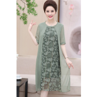 媛宿(YuanSu)中年妈妈夏装短袖连衣裙高贵中老年女装夏季雪纺过膝裙子2018新款