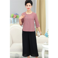 媛宿(YuanSu)中老年人夏装两件套女式圆领上衣50-60岁妈妈装套装半袖T恤气质薄