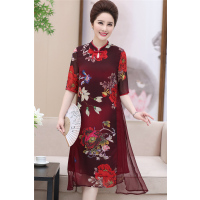 媛宿(YuanSu)中老年连衣裙夏装2018新款中年妈妈装旗袍过膝大码雪纺裙子40岁50