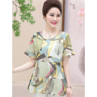 媛宿(YuanSu)妈妈夏装雪纺衫30-40岁中年女装短袖上衣中长款中老年夏天花色T恤