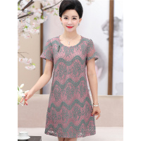 媛宿(YuanSu)新款夏装妈妈中长款蕾丝短袖连衣裙A版中老年女40-50夏季修身裙子