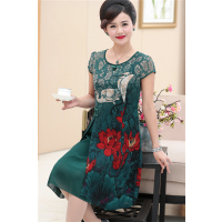 媛宿(YuanSu)中年女妈妈装夏装2018新款连衣裙中老年40-50岁过膝短袖雪纺裙子