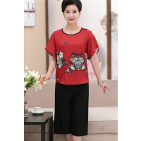 媛宿(YuanSu)中年女服装年轻妈妈半袖上衣夏装2018新款短袖t恤宽松阔腿裤套装