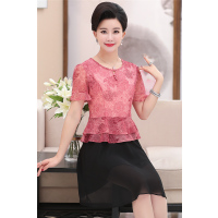 媛宿(YuanSu)中老年女夏季四十岁女人过膝连衣裙年轻妈妈夏装短袖雪纺裙子50岁6349