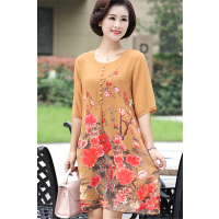 媛宿(YuanSu)妈妈夏装连衣裙2018四十岁女人雪纺过膝裙子女装民族花色中长裙6353