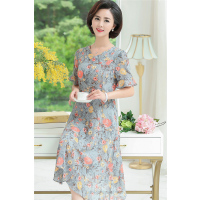 媛宿(YuanSu)妈妈夏装连衣裙女中老年40岁50雪纺短袖过膝长裙中年女装高贵裙子6354