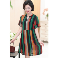 媛宿(YuanSu)妈妈夏装短袖条纹休闲气质中长款连衣裙40岁中老年女装宽松裙子6356