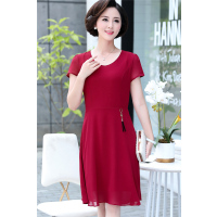 媛宿(YuanSu)裙女2018新款夏雪纺裙短袖双层面料纯色裙子中老年大码女装妈妈装6362