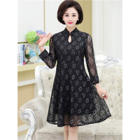 媛宿(YuanSu)妈妈装旗袍领连衣裙 中长款时尚 蕾丝性感韩版新品淑女大摆打底裙6381