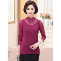 媛宿(YuanSu)中年女装春秋长袖上衣40岁50中老年妈妈秋装短款蕾丝T恤打底衫薄6393