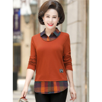 媛宿(YuanSu)妈妈装秋季新款长款拼接衬衫领打底衫T恤上衣中老年女装春秋时尚6502