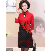 18冬新款中长款打底衫中老年妈妈旗袍领加厚加绒气质时尚毛衣裙女6587