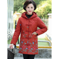 妈妈冬装棉衣加厚中长款外套民族风中年女唐装棉袄连帽棉服绣花新款6613