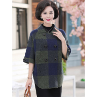 媛宿(YuanSu)中年妈妈秋装毛呢外套中长款40岁50中老年女气质格子半袖呢子上衣6789
