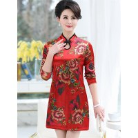 媛宿(YuanSu)中老年女装中长款洋气旗袍妈妈装春秋新款宽松显瘦打底长袖连衣裙6753