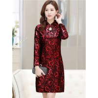 媛宿(YuanSu)中年旗袍连衣裙妈妈春装长袖中老年女装高贵气质修身婚宴庆典礼服6754