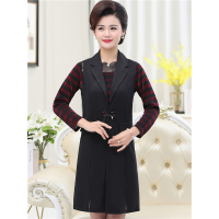 媛宿(YuanSu)妈妈春装马甲背心中长款中老年女阔太太长袖连衣裙时尚洋气两件套6755