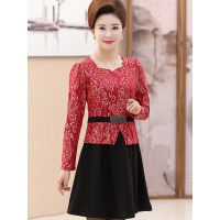 媛宿(YuanSu)中老年女春装连衣裙中长款时尚印花长袖大码40-50岁妈妈装打底衫6763