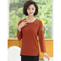 媛宿(YuanSu)妈妈春装t恤长袖外搭上衣中年女40-50岁绣花小衫中老年女装打底衫6827