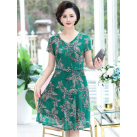 媛宿(YuanSu)妈妈连衣裙短袖40岁50中老年女装夏装45中年气质优雅雪纺过膝裙子6915