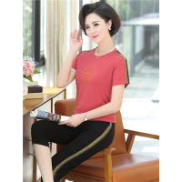 媛宿(YuanSu)中年女夏装妈妈棉短袖t恤2019新款阔太太两件套中老年运动套装女6967