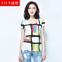 逸阳女裤逸阳春夏季女装圆领彩色时尚韩版宽松撞色T恤短袖上衣女0886