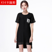 逸阳女裤逸阳春夏短袖前段后长圆领雪纺纱中长款连衣裙女1711K