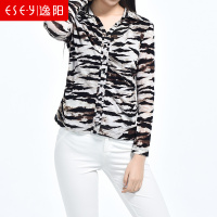 逸阳女裤逸阳春夏轻薄休闲豹纹长袖外穿衬衫衬衣上衣女0142