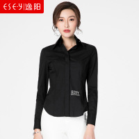 逸阳女裤逸阳春季女装水钻修身显瘦ol职业黑色拼接衬衫上衣女0083