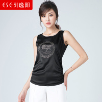 逸阳女裤逸阳春装季时尚黑白色潮丝滑流刺绣圆领无袖背心T恤1044