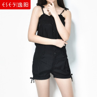 韩版时尚大口袋休闲黑色吊带连体裤短裤女2018夏季新款2859