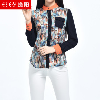 2018春夏新款百搭拼接印花雪纺轻薄长袖衬衫衬衣上衣女0239