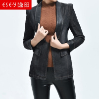 2018春季新款黑灰色长袖牛仔一粒扣修身pu领外套上衣女清仓0699