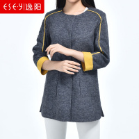 清仓2018春装季新款七分袖撞色拼接无领羊毛毛呢薄外套上衣0883