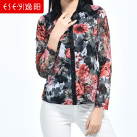 2018春夏新款女装印花雪纺短款POLO领长袖衬衣衬衫女清仓妈妈0241