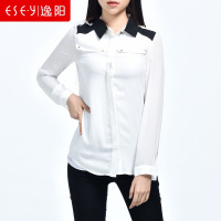 2018春夏新款女装雪纺薄气质拼接领口长袖衬衣上衣衬衫女清仓0240