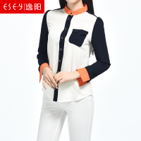 2018春夏新款百搭撞色拼接雪纺轻薄长袖衬衫衬衣上衣女清仓0242