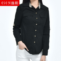 2018春装新款女装黑色系扣百搭 POLO领长袖衬衣衬衫女清仓0243