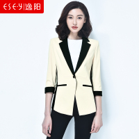2018春夏新款气质一粒扣V领收腰撞色拼接五分袖西装女0560