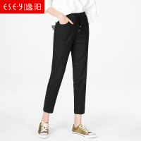2018春夏新款系带宽松黑色抽绳松紧腰亚麻九分休闲裤子女0088