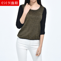 2018春季新款圆领水钻银丝拼接长袖T恤内搭上衣女清仓大码0913