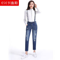 2018秋季新款字母磨烂牛仔裤背带裤女韩时尚九分小脚裤72164
